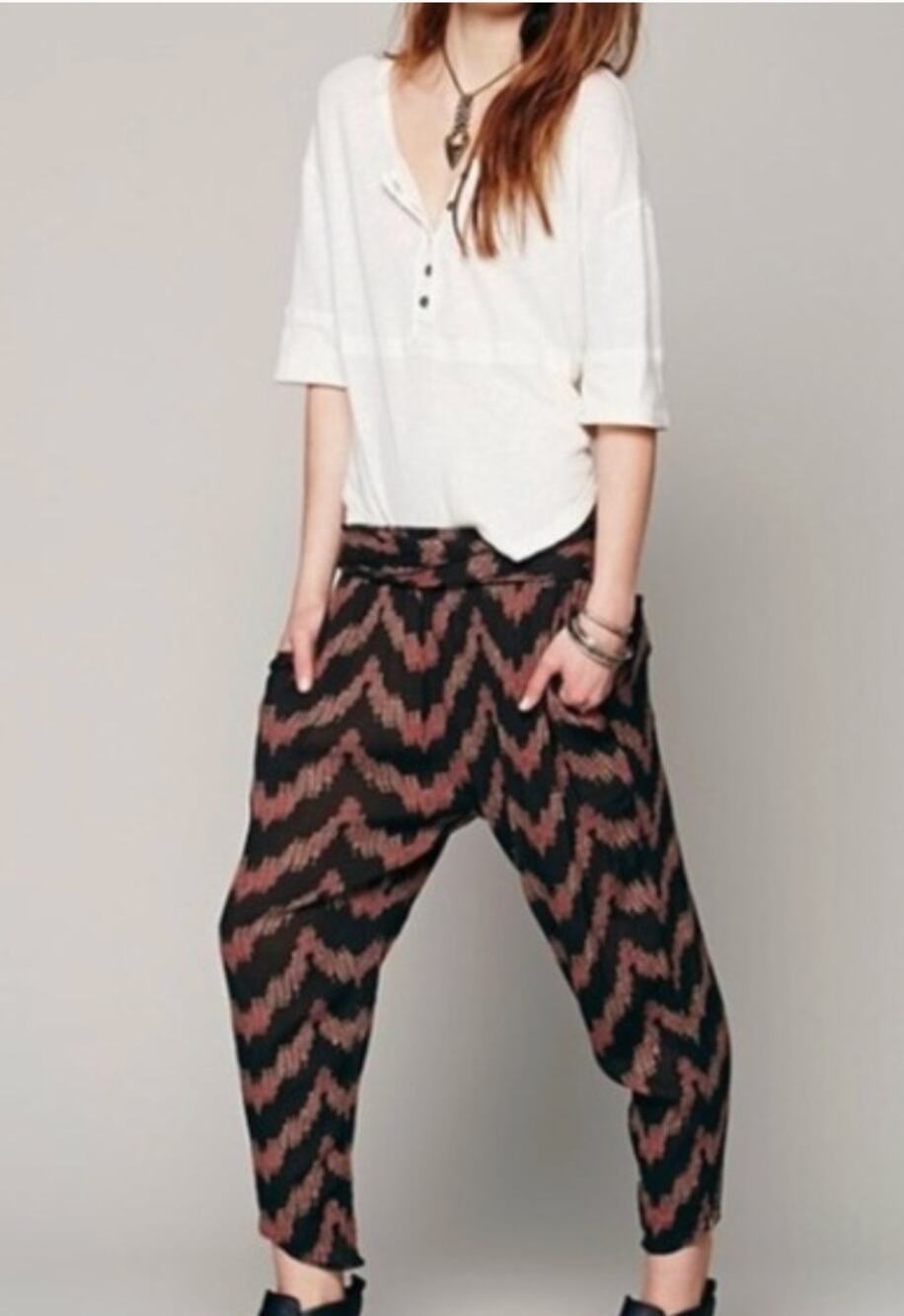 Free People Printed Harem Pants Boho Slouchy Brown XS Pull On